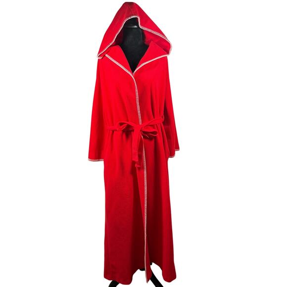 Vintage 70s Vassarette Red Fleece Hooded Robe Women’s Medium 52” Long USA Made - Picture 2 of 7